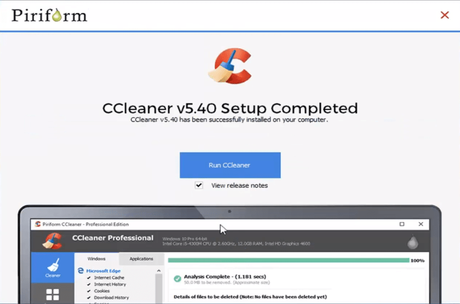 CCleaner dokončená instalace