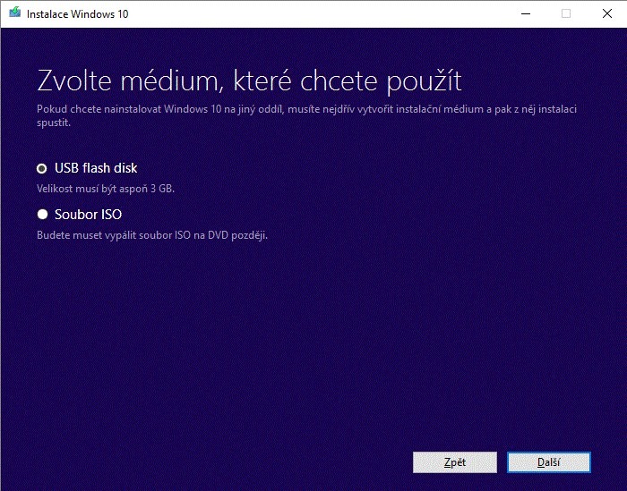 Instalace Windows 10 volba média