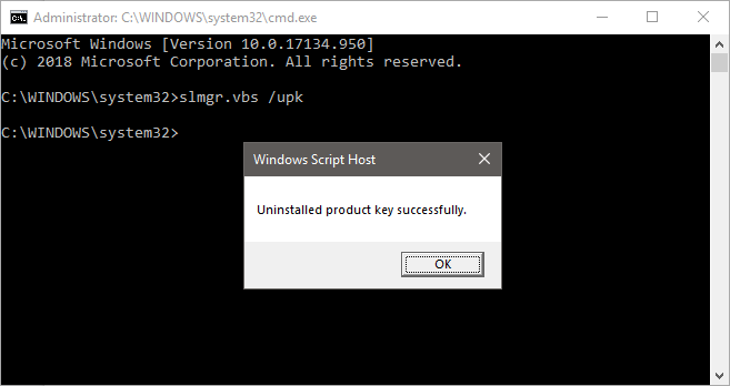 Windows kľúč bol úspešne odstránený v príkazovom riadku.