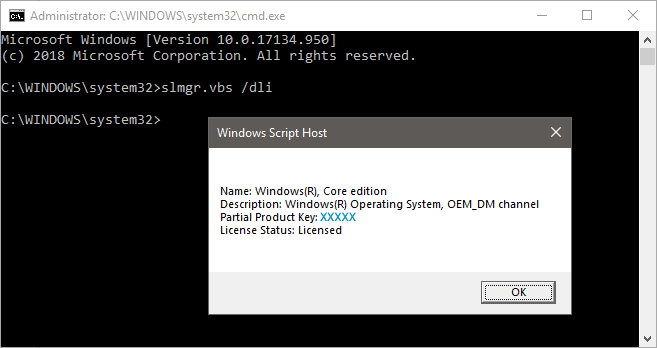Status licenčného kľúča Windows v príkazovom riadku.