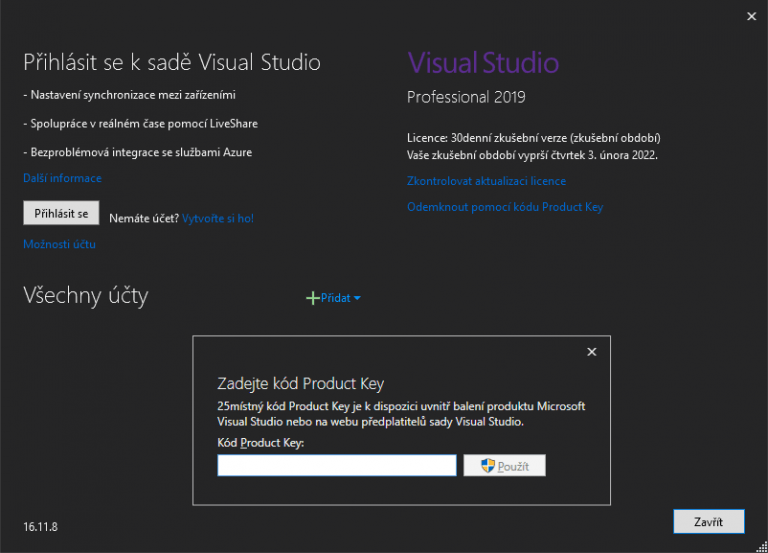 Visual Studio aktivácia