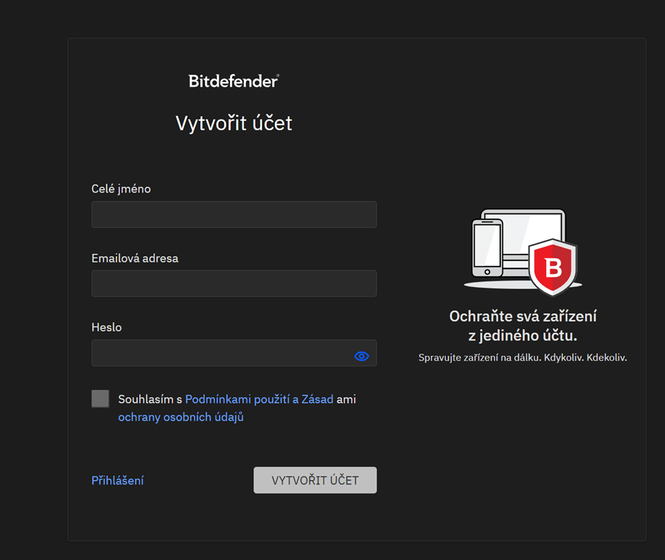 Vytvorenie Bitdefender účtu