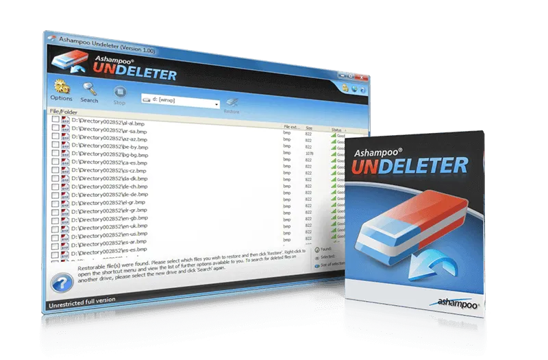 Ashampoo Undeleter obrázok z programu v popise produktu.