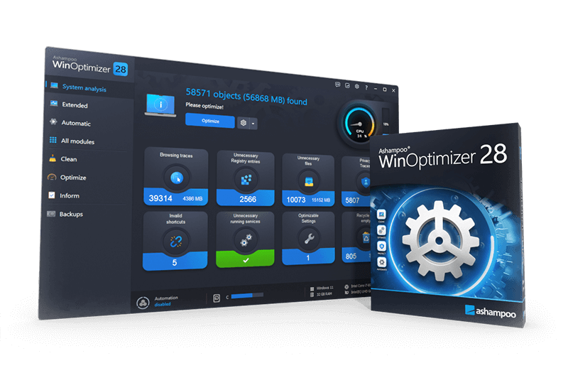 Ashampoo WinOptimizer 28 obrázok z programu v popise produktu.