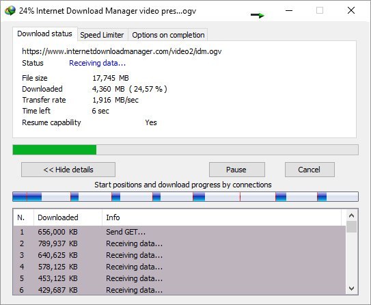 Internet Download Manager obrázok z programu v popise produktu.