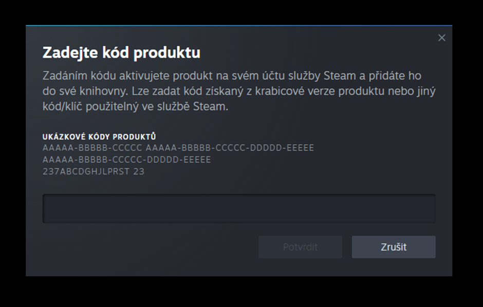 Zadanie kódu v službe Steam